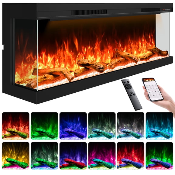 50" 3 Sided Electric Fireplace Inserts, Smart 3D Linear Built-in Fire Places Heater 1500W, Multi-Colors Combinations, APP & Remote Control, Cracking Sound, 9H Timer, Crystal & Log