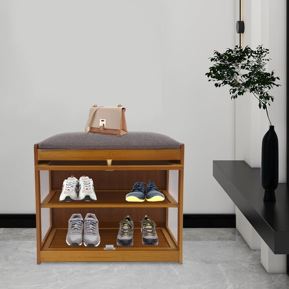 50*32*44cm 2-Tier Acrylic Entryway Shoe Bench Shoe Rack Bench with Cushion Storage Brown