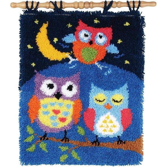 50*38cm Owl Moon Star Latch Hook Kit, DIY Handmade Embroidery Wall Hanging Rug, Cute 3 Owls Night Sky Pattern Craft Set for Adults Beginners Home Decor Gift