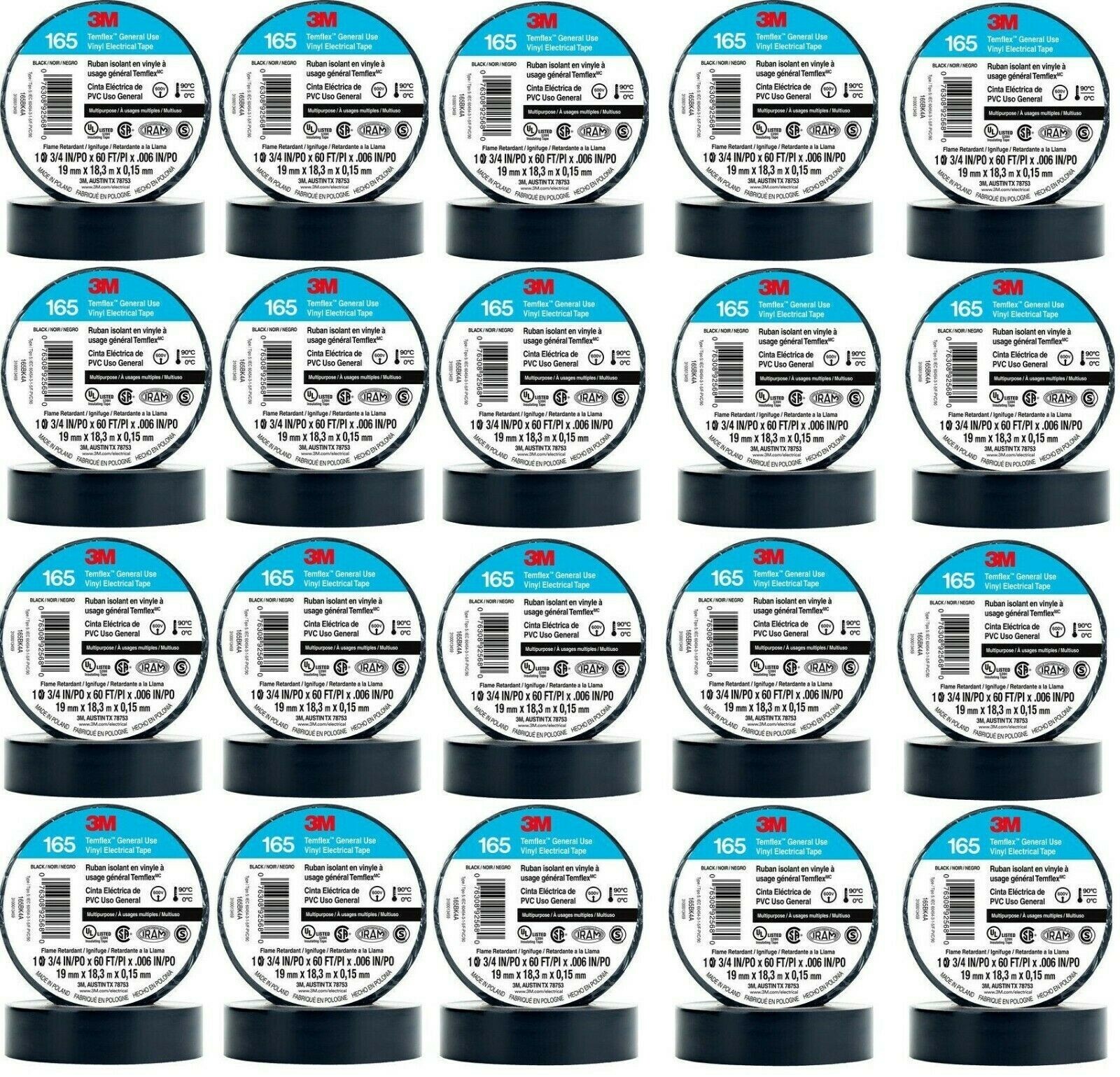 3M 165 Vinyl Electrical Tape – 100 Rolls, 3/4 X 60 Feet, Black - View #5