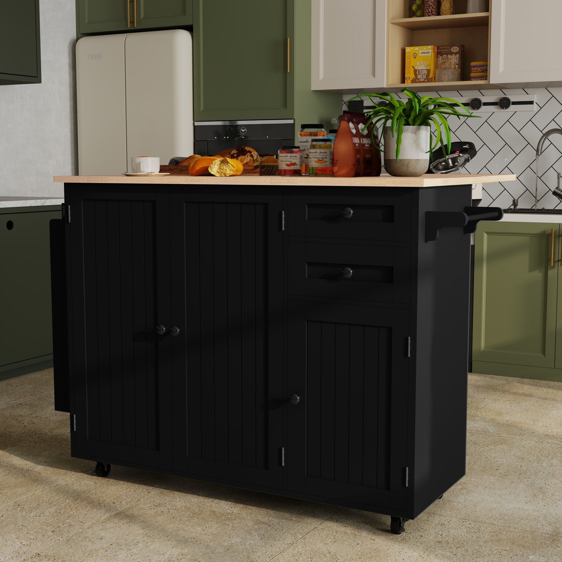 50.4" Kitchen Island with Storage,  Expandable Solid Wood Top Cart with Drop Leaf and Wheels, Black