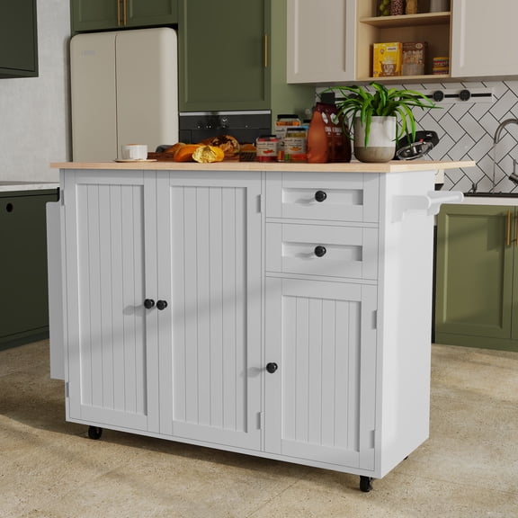 50.4" Kitchen Island with Storage, Expandable Solid Wood Top Cart with Drop Leaf and Wheels, White