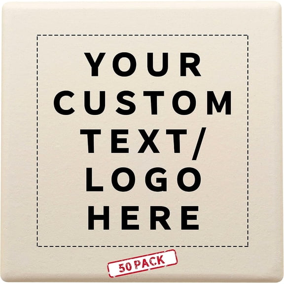 50 4" Square Ceramic Coasters Set - Customizable Text, Logo - Cork Bottom, Serve Ware - Natural
