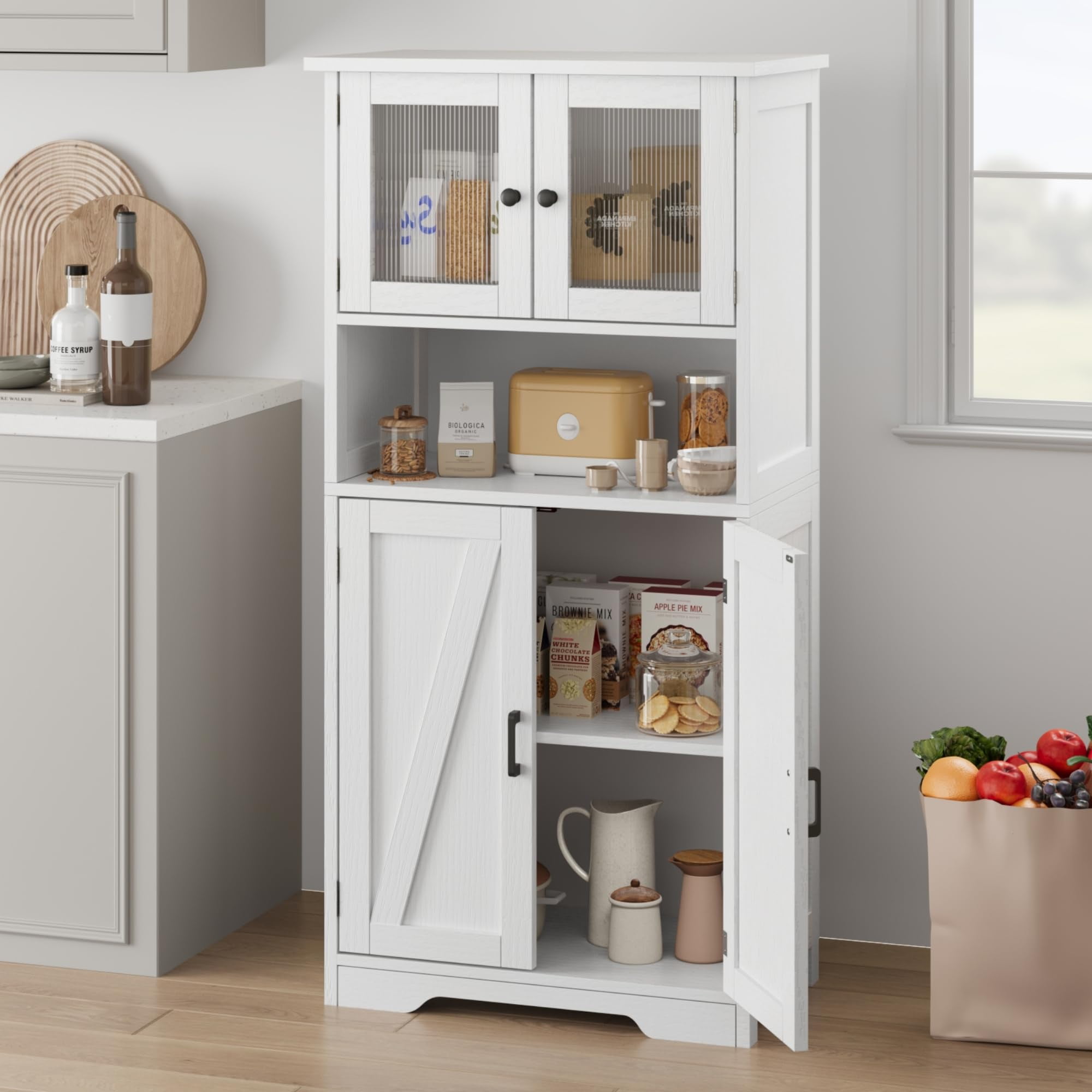 50.4in Tall Bathroom Cabinet, Farmhouse Storage Cabinet with Glass Doors and Adjustable Shelves, Freestanding Kitchen Pantry Cabinets, Cupboard for Living Room, Dining Room