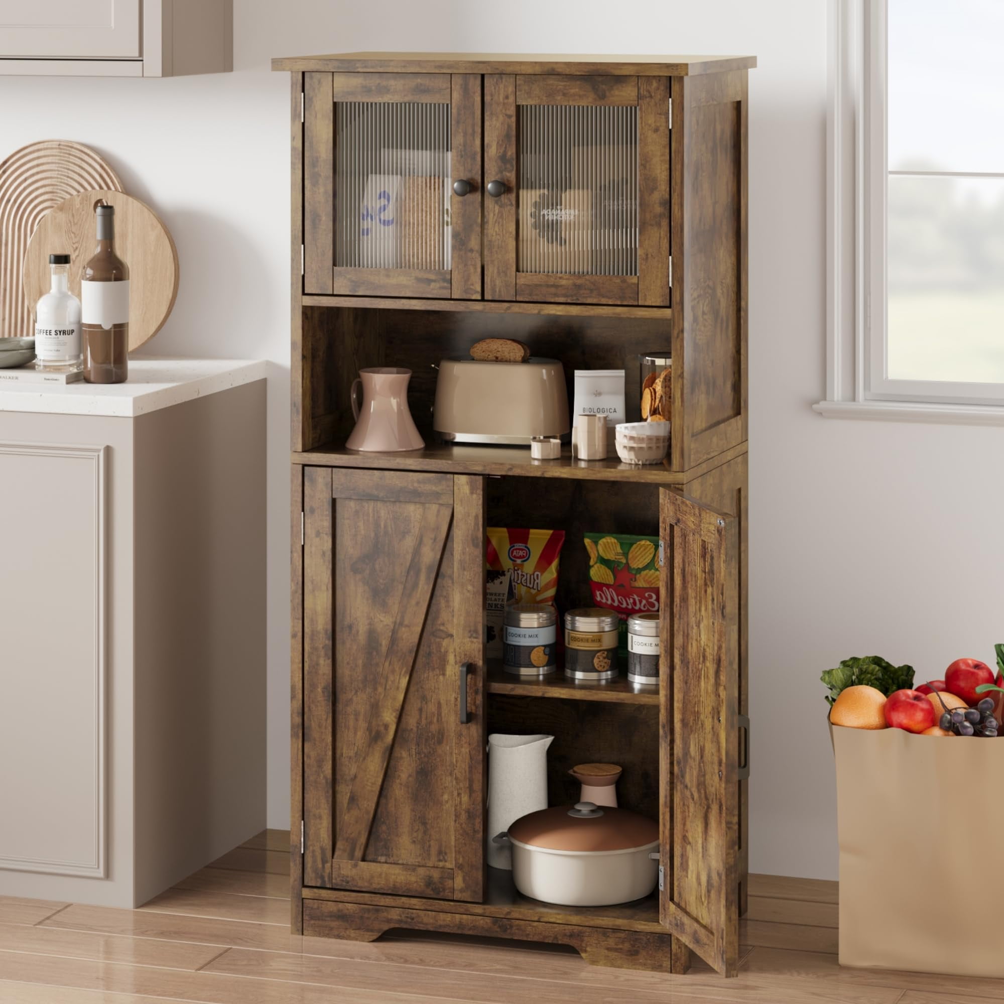 50.4in Tall Bathroom Cabinet, Farmhouse Storage Cabinet with Glass Doors and Adjustable Shelves, Freestanding Kitchen Pantry Cabinets, Cupboard for Living Room, Dining Room