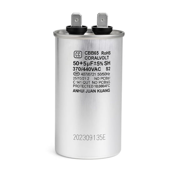 CORALVOLT 50+5 µF Dual Run Round HVAC Capacitor – 370 440V AC CBB65 UL Rated
