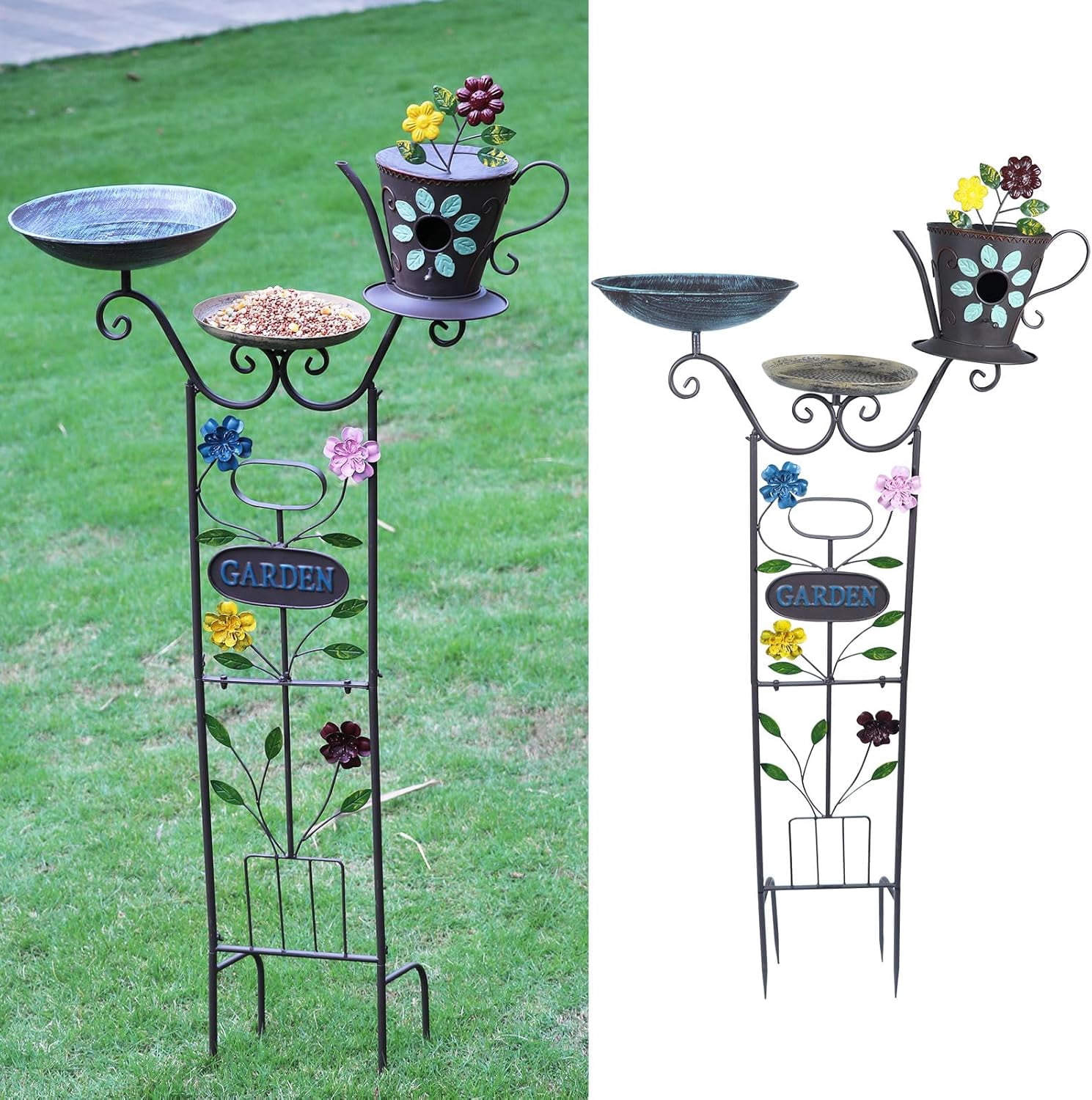 50.5" H Bird Bath and Metal Birdhouses for Outdoors,Metal Standing Bird Bath Feeder and Climbing Plant Trellis 4-in-1,Garden Yard Decor