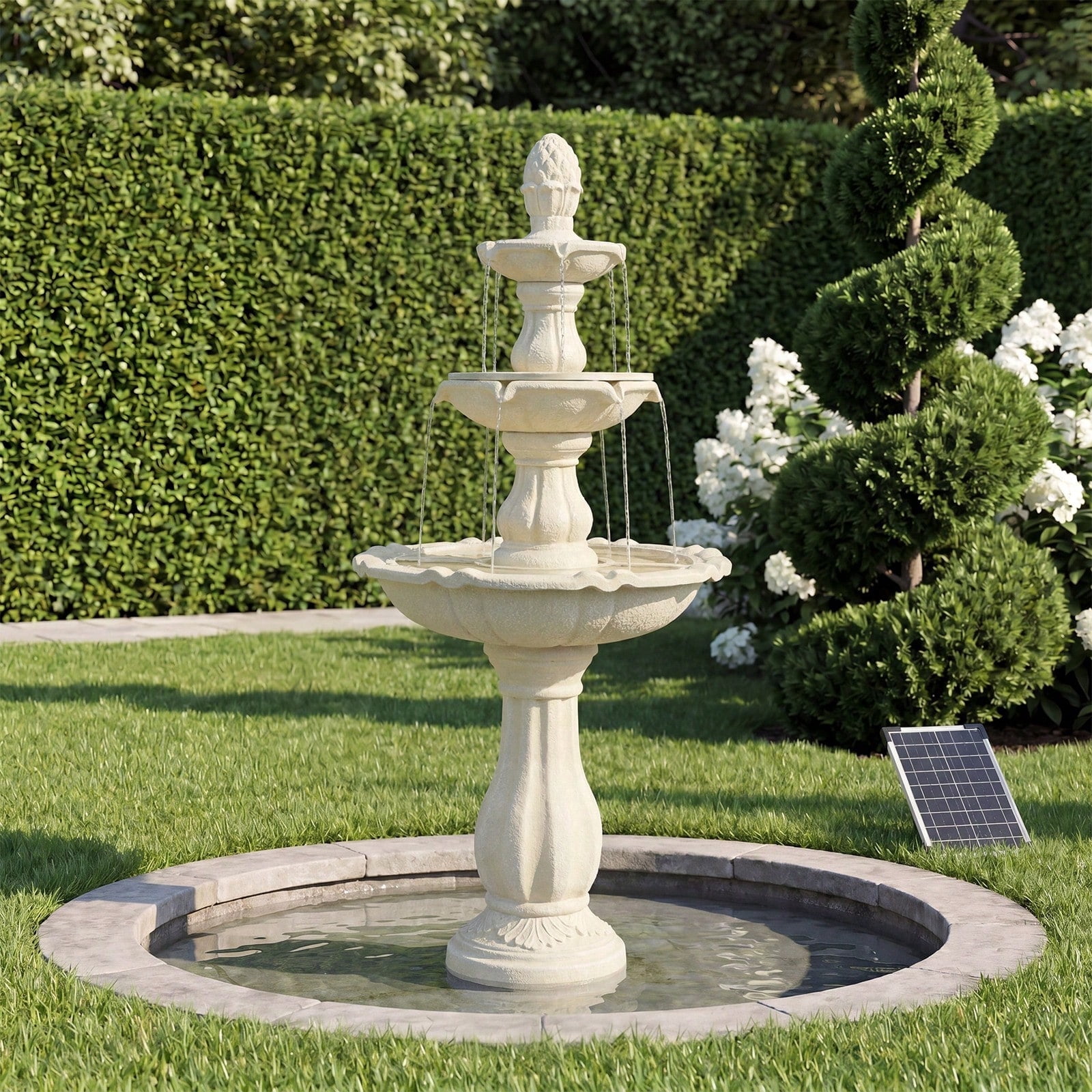 50.5 Inch 3-Tier Solar Outdoor Water Fountain, Pineapple Top Pedestal Waterfall with Warm LED Lights, Weather UV Resistant Resin, Low Noise Energy Saving, for for Yard Patio Home Decor