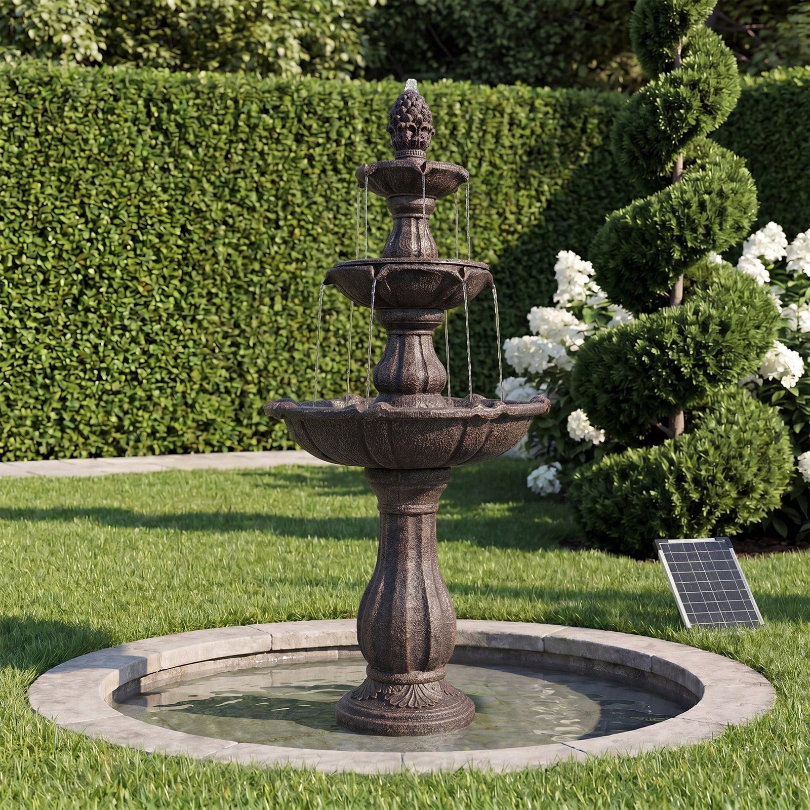 50.5 Inch 3-Tier Solar Outdoor Water Fountain, Pineapple Top Pedestal Waterfall with Warm LED Lights, Weather UV Resistant Resin, Low Noise Energy Saving, for for Yard Patio Home Decor
