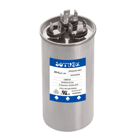 50+5 MFD 370/440VAC Round Motor Dual Run Capacitor 50+5 uF 370V or 440 Volt for AC Air Conditioner Condenser - 50/5 uf MFD 440V Straight Cool or Heat Pump - Run AC Motor and Fan