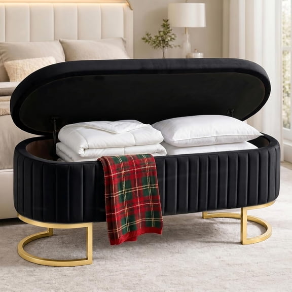 50.5" Modern Velvet Storage Bench, Luxury Channeled Queen Size End of Bed Bench with Hidden Storage and Gold Legs, Modern Glam Ottoman Bench for Bedroom, Living Room, Entryway, Black