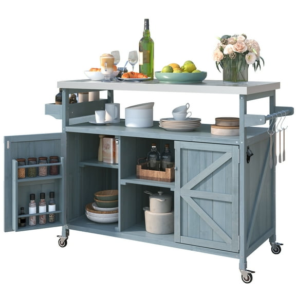 50.5" Outdoor Kitchen Island with Stainless Steel Top - Farmhouse Rolling Bar Cart & Grill Station, Solid Fir Wood Construction, Spice Rack & Towel Holder, Lockable Wheels (Grey-Blue)