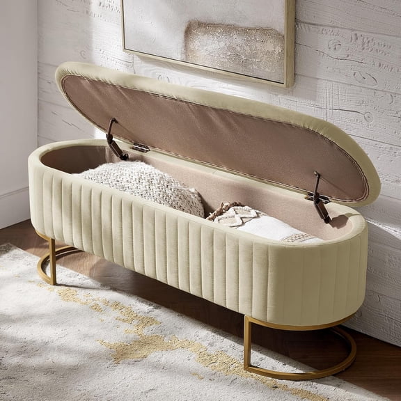 50.5" Storage  Hallway Ottoman,Upholstered End of Bed  Velvet with Gold Legs,Flipping Lid Entryway Footrest