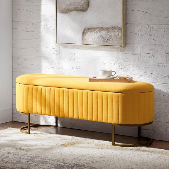 50.5" Velvet Storage Bench with Gold Legs, Modern End of Bed Bedroom Benches, Upholstered Flip Top Window Ottoman Footstool & Footrest for Entryway & Living Room, Mustard