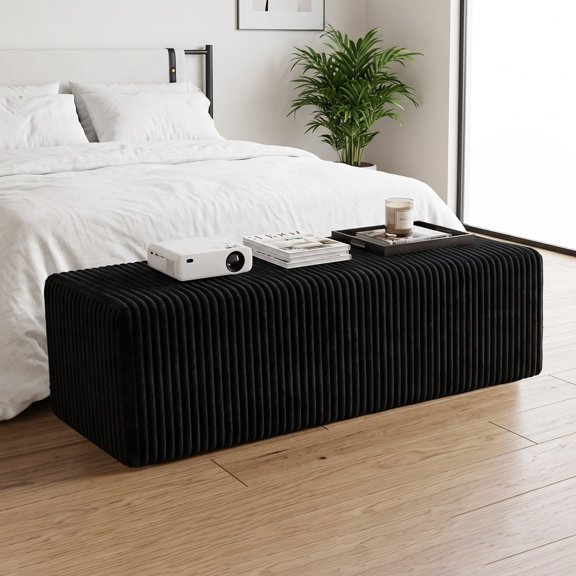 50.5" Oversized Rectangle Cloud Ottoman, Black Corduroy Upholstered Coffee Table & Extra Seating, Large Compressed Foam Floor Bench, No Assembly Required
