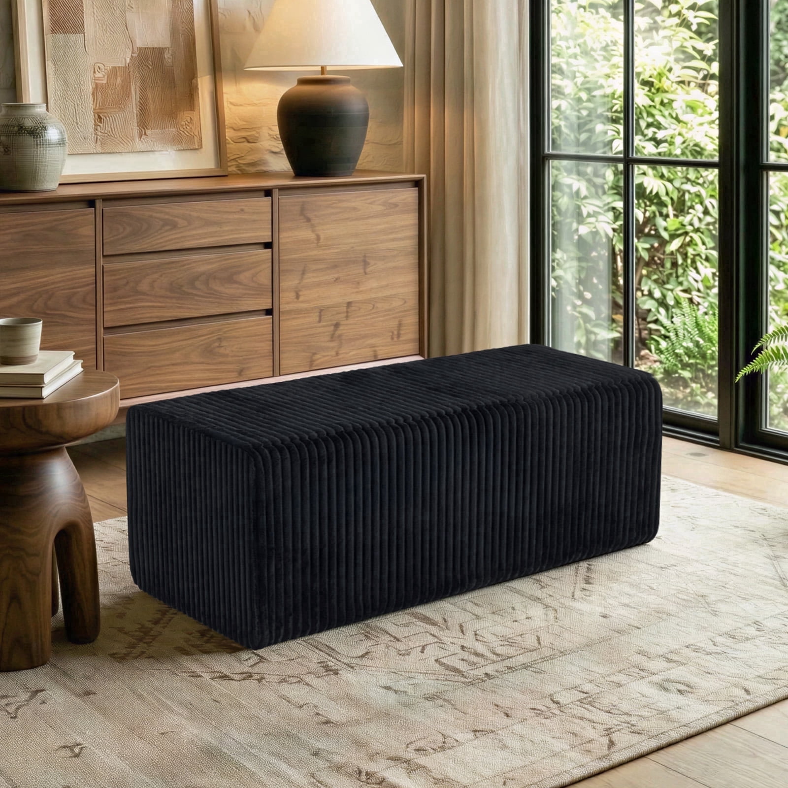 50.5" Oversized Rectangle Cloud Ottoman, Black Corduroy Upholstered Coffee Table & Extra Seating, Large Compressed Foam Floor Bench, No Assembly Required