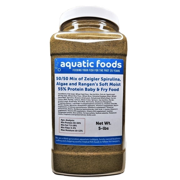 50/50 Mix of Spirulina, Algae Powder and Rangen's Soft Moist 55% Protein Koi & Tropical Fish Fry Floating Food...5-lb Lg Jar