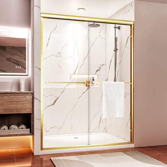 50-54" W x 72" H Semi-Frameless Bypass Sliding Shower Door, Easy-to-Clean Treated Clear Tempered Glass, Brushed Gold