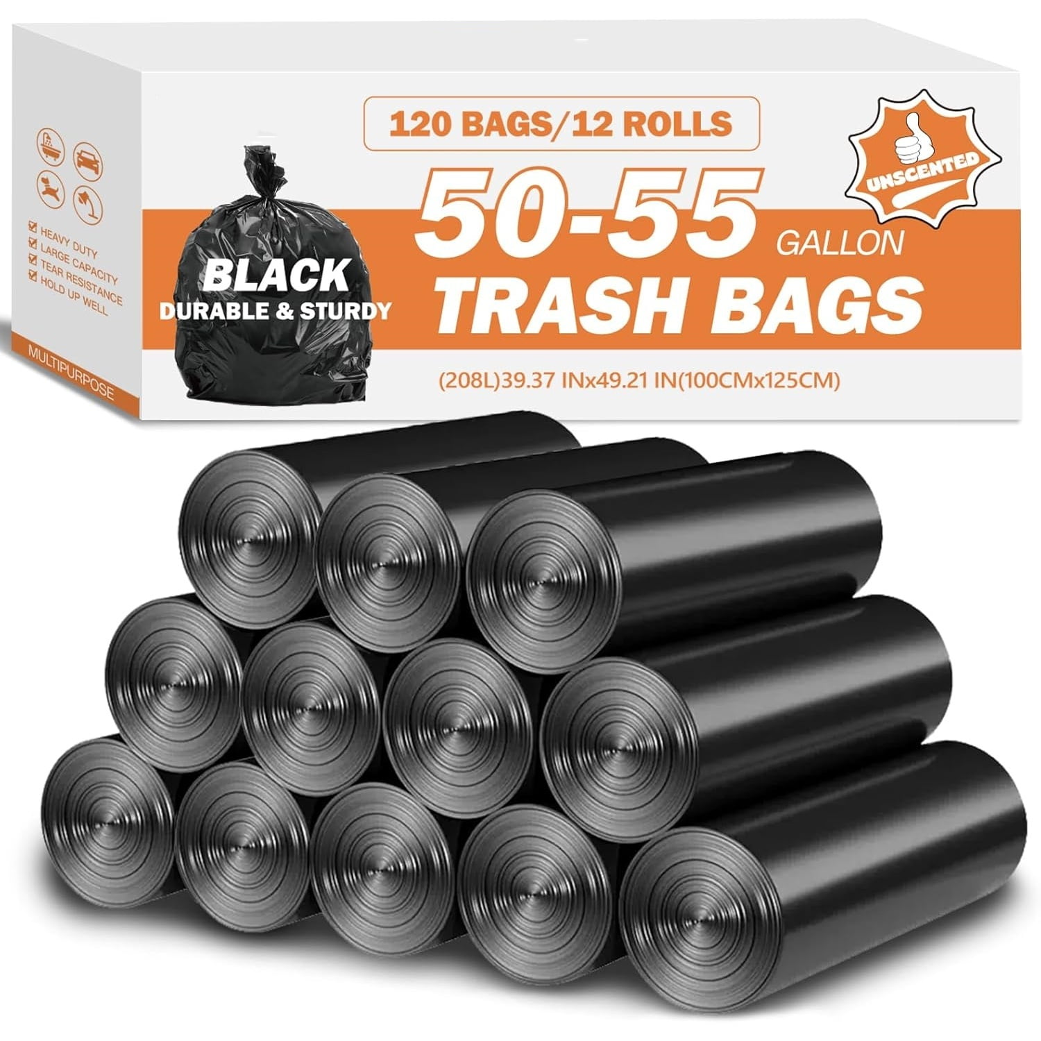 50-55 Gallon Black Trash Bags 120 Count - 40''x50'' Extra Large 50+ Gallon Garbage Bags