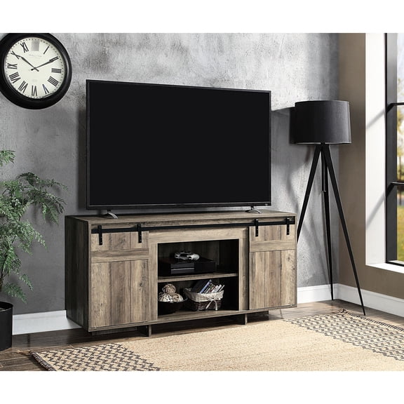 50 - 59 inches max TV size gray TV stand with barn door design in living room