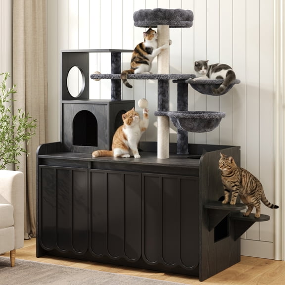 50.6" Cat Tree with Litter Box Enclosure, 5Cat Tower with Sisal Scratching Post and Storage Space, Hidden Litter Enclosure Furniture, All-in-One Modern Cat Condo with House, Hammock and Perch, Black