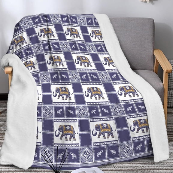 50"*60" Sherpa Fleece Elephant Blanket Blue Plaid Throw Blankets for Couch Sofa Bed Boho Bohemian Elephants Stuff Gifts for Women Adults