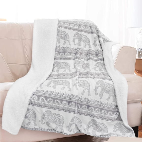 50"*60" Sherpa Fleece Elephant Blanket Gray Mandala Floral Grey Elephant Throw Blankets for Couch Sofa Bed Boho Bohemian Elephant Stuff Gifts for Women Adults