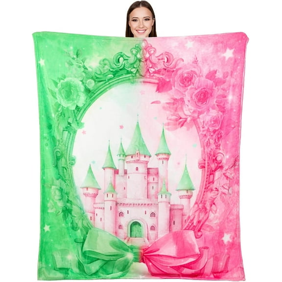 50*60'' Witch Throw Blanket Pink and Green Vintage Flannel Blanket Witch Merch Princess Castle and Bow Party Decor Birthday Musical Gifts for BFF Couples Movie Night Bedding Sofa Picnic Stuff