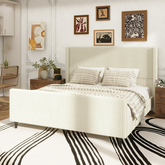 50.7'' High Headboard Corduroy Upholstered Bed Frame with Vertical Stripe Wingback and High Footboard No Box Spring Needed, King Size, Cream