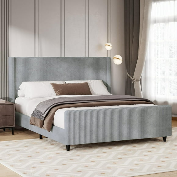 50.7"High headboard platform king bed frames,corduroy upholstered bed frame with wingback and high footboard