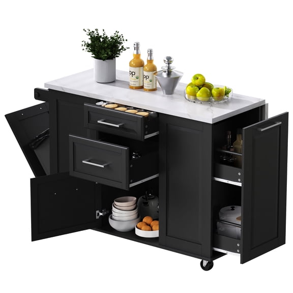 50.7" Kitchen Island with Storage Tilt Trash Can Cabinet and Pull Out Cabinet Organizer, Rolling Kitchen Island on 5 Wheels with Drop Leaf, 2 Drawers, 1Door for Kitchen, Dining Room, Black