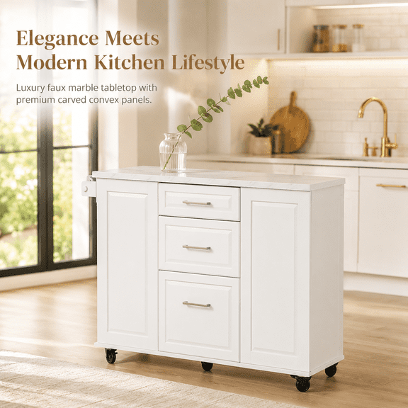 50.7’’ White Rolling Kitchen Island Cart with Drop Leaf & Trash Can Storage