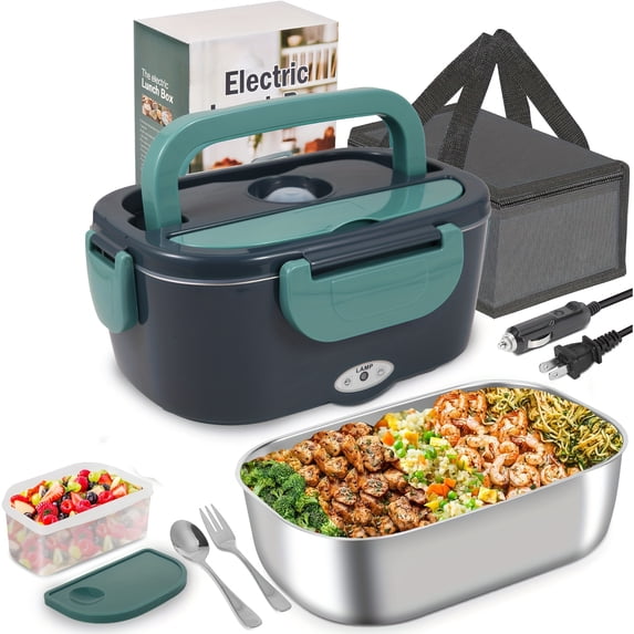 50.72oz Portable Electric Lunch Box, Fast Heating Food Warmer, Stainless Steel Container & Food Tray, 12V/24V/110V, for Car, Truck, Office, Outdoor & Adult Use