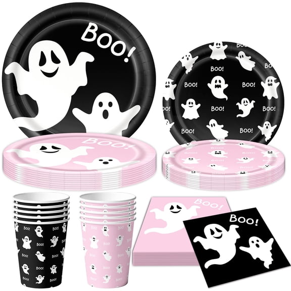 50/73/93Pcs Halloween Boo Party Tableware Supplies Decorations,Spooky Ghost Plates Napkins Boo Ghost Tableware Tablecloth Banner for Halloween Birthday Party Boo Baby Shower Party Supplies