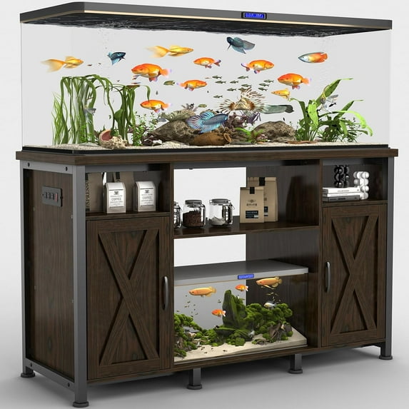 50-75 Gallon Fish Tank Stand with Power Outlets, Linor Heavy Duty Metal Aquarium Stand with Cabinet for Fish Tank Accessories Storage, 52" x 19.7" Tabletop, 1200lbs Capacity (Two Door, Upgraded)