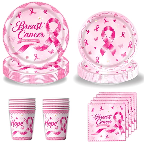 50/76/93 Pcs Breast Cancer Awareness Tableware Set,Pink Party Disposable Decorations Includes Plates,Cups, Knives Forks Napkins,Tablecloth for Women Theme Party Drinking Outdoor Picnic