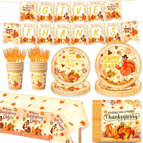 50/76/96/150Pcs Thanksgiving Tableware Set – Turkey Fall Leaves Plates,Napkins and Forks,Banner,Disposable Dinnerware for Thanksgiving Dinner, Friendsgiving and Fall Party Supplies