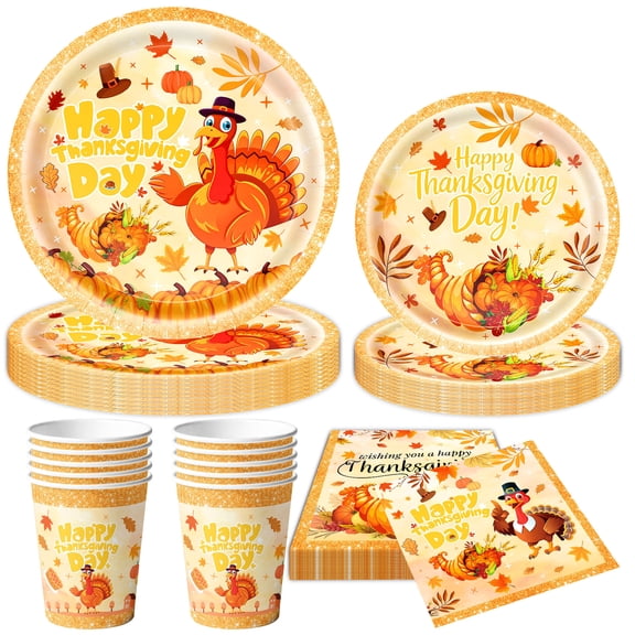 50/76/96/150Pcs Thanksgiving Tableware Set – Turkey Fall Leaves Plates,Napkins and Forks,Banner,Disposable Dinnerware for Thanksgiving Dinner, Friendsgiving and Fall Party Supplies