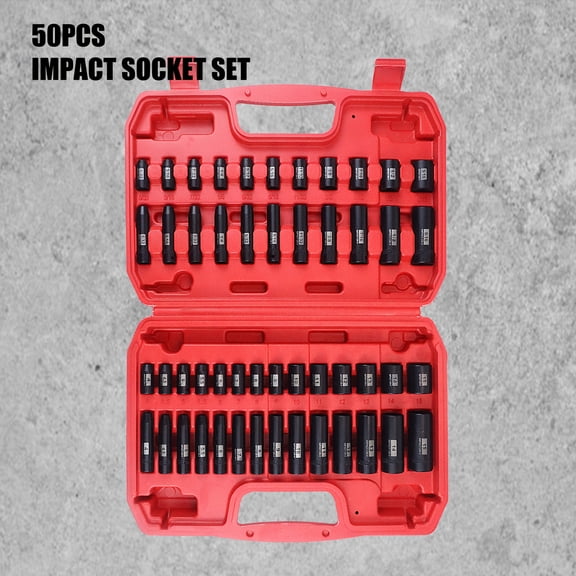50/76Pcs Impact Socket Set 1/4" Drive Shallow Deep SAE Metric 4-15mm 5/32"-9/16" Chrome Vanadium Steel Black Phosphate for Auto Home Repair
