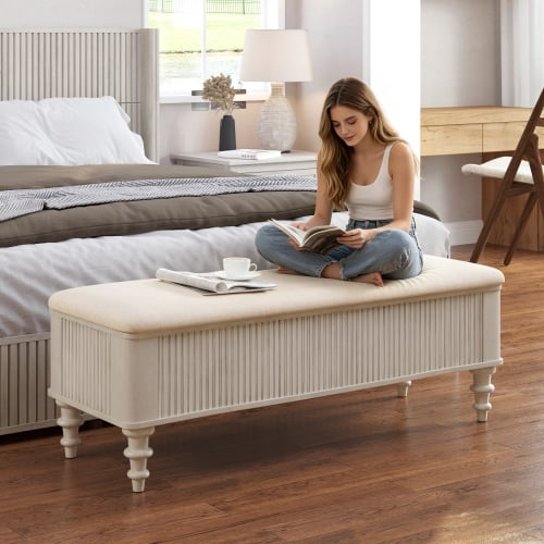 50.8 Inch Storage Ottoman Bench with Lift Top, Beige Linen Upholstered End of Bed Bench, Rubberwood Entryway Shoe Storage Bench for Bedroom, Living Room, Closet and Hallway