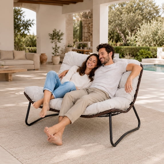 50.8 in Double Wide Rocking Papasan Chair, 2-Person Outdoor Lounge Chair with Thick Cushion, PE Rattan & Steel Frame, Beige
