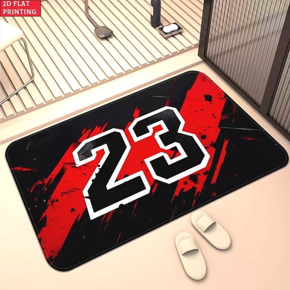 50*80cm 23 Basketball Jersey Number Print Flannel Bath Mat, Non-Slip Sports Rug, Soft Plush Black And Red Graffiti Design Doormat For Bathroom