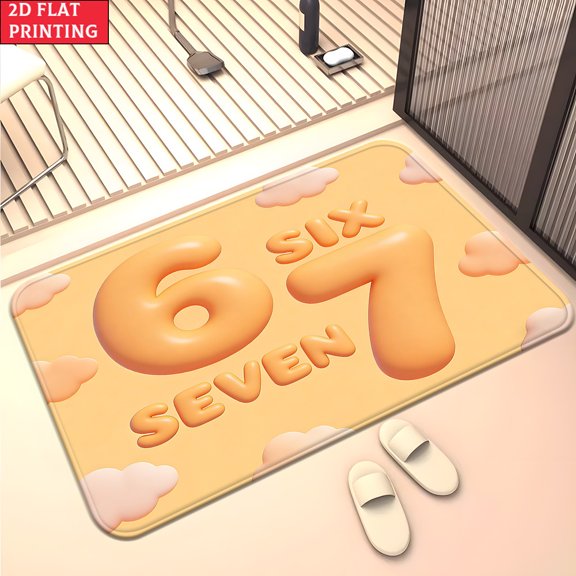 50*80cm 3D Bubble "Six Seven" Print Flannel Bath Mat, Non-Slip Pastel Doormat, Soft Plush Orange Cloud Design For Entryway