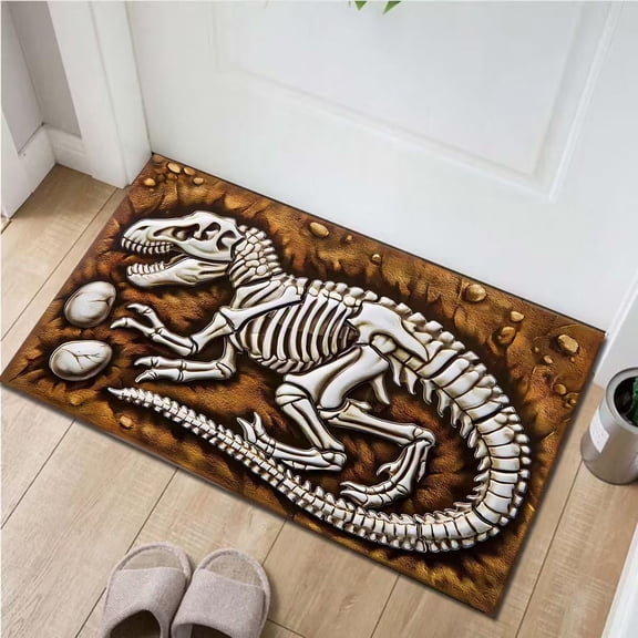 50*80cm 3D T-Rex Dinosaur Skeleton Print Flannel Bath Mat, Non-Slip Doormat, Cozy Soft Fossil Design