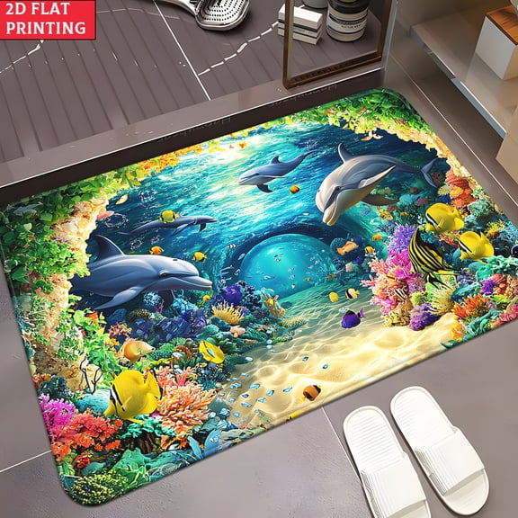 50*80cm 3D Underwater Dolphin Print Flannel Bath Mat, Non-Slip Ocean Doormat, Soft Plush Coral Reef Design For Entryway