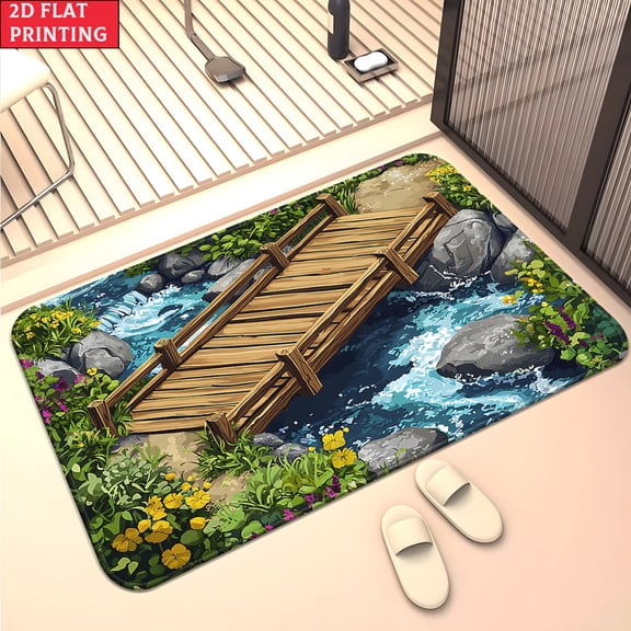 50*80cm 3D Wooden Bridge Over Stream Print Flannel Bath Mat, Non-Slip Nature Rug, Soft Plush Garden Waterfall Design For Entryway