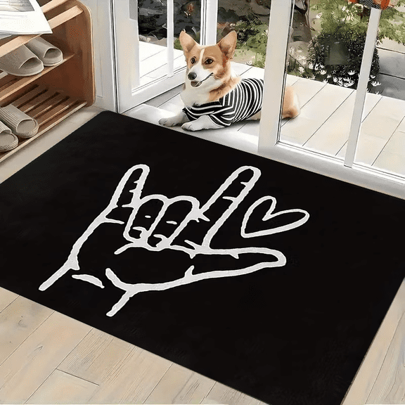 50*80cm ASL I Love You Hand Sign Print Flannel Bath Mat, Non-Slip Black And White Rug, Soft Plush Minimalist Deaf Culture Design Doormat For Entryway