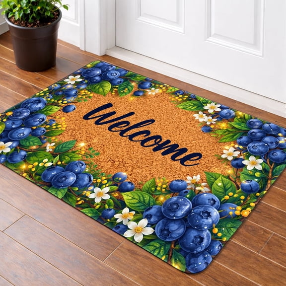 50*80cm Blueberry "Welcome" Print Flannel Doormat, Non-Slip Mat, Cozy Rustic Fruit Design For Entryway