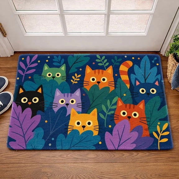 50*80cm Colorful Cat Faces In Leaves Print Flannel Doormat, Non-Slip Mat, Cute Cat Lover Front Entry Floor Rug