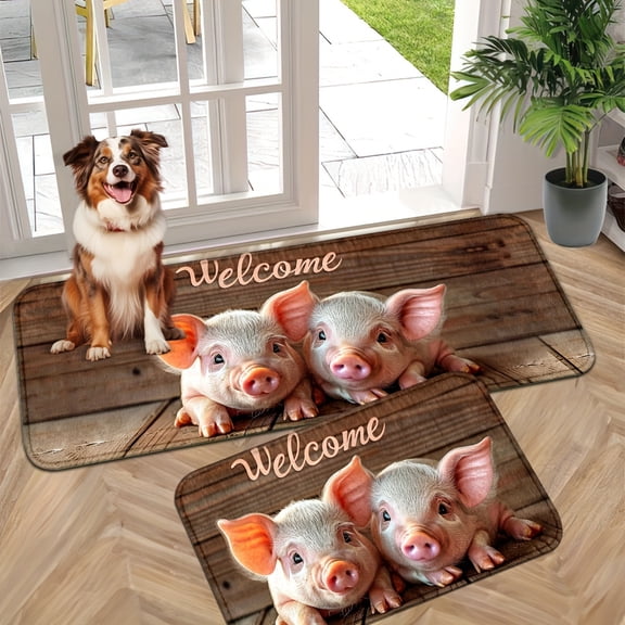 50*80cm Cute Pig Aussie Shepherd Dog Welcome Wooden Plank Print Flannel Doormat, Non-Slip Mat, Farm Animal Front Entry Floor Rug